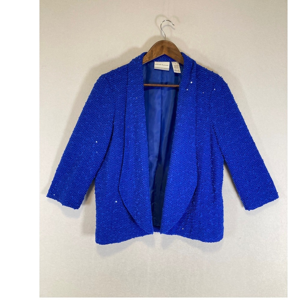 Festive Alfred Dunner Women 12P Blue Chevron Sequin Textured Open Front‎ Blazer